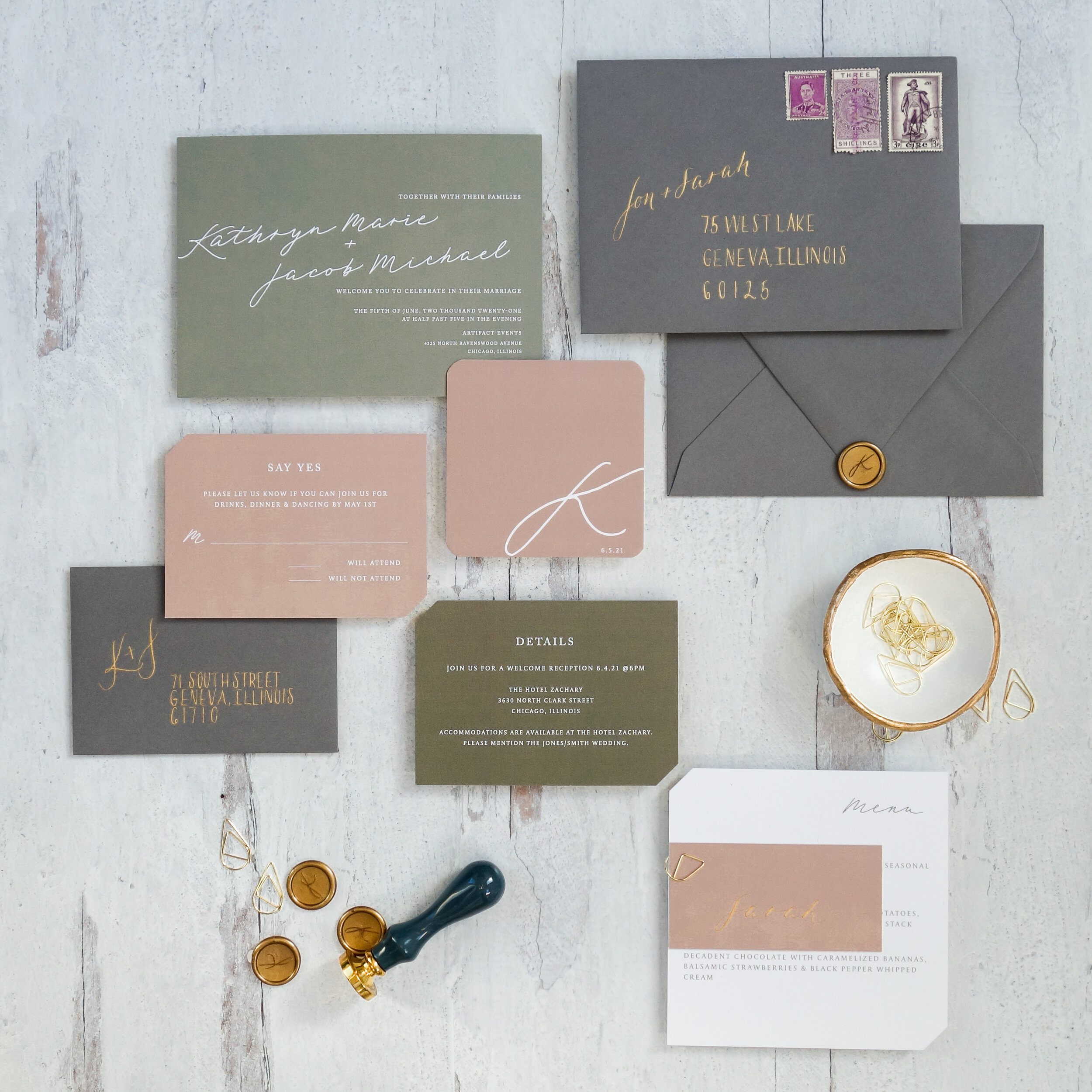 Blush and moss green invitation suite with gray envelopes and gold details