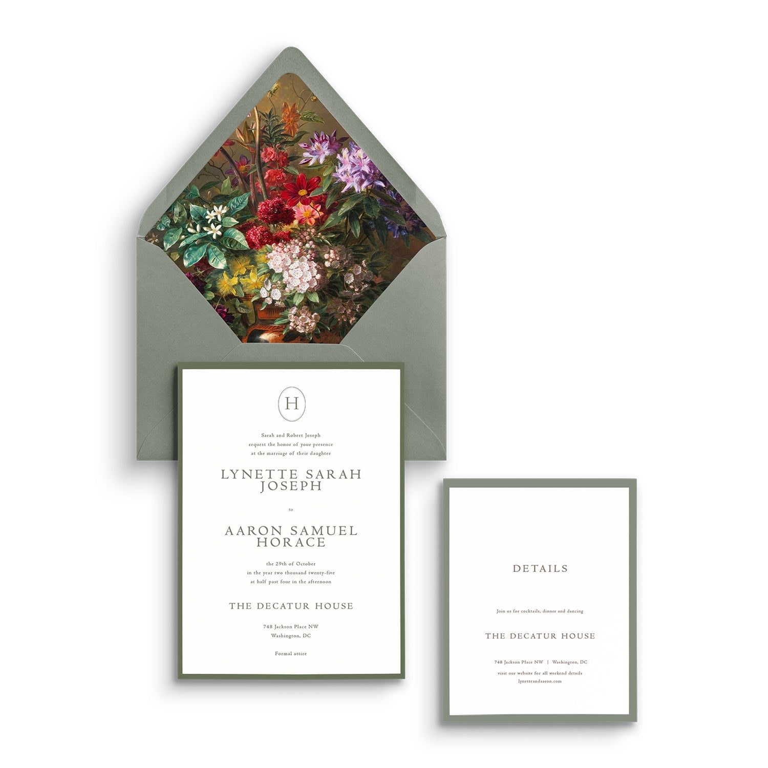 Modern invitation cards with a colorful floral envelope liner