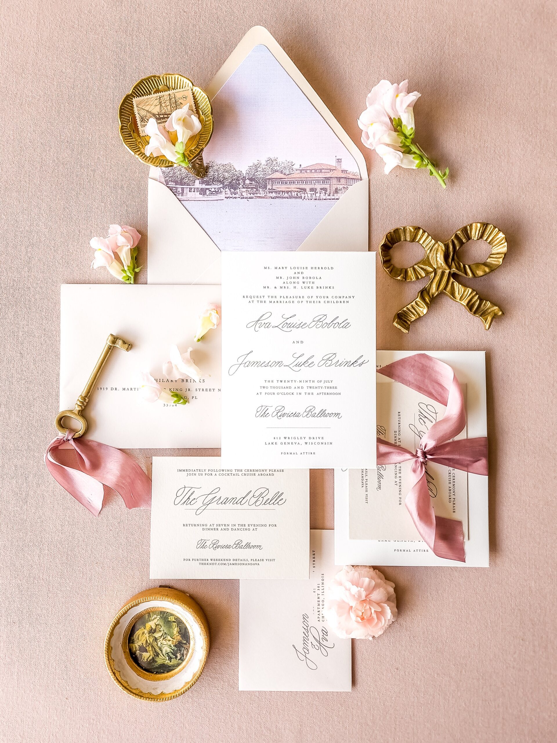 Blush and ivory wedding invitation suite with a vintage postcard liner