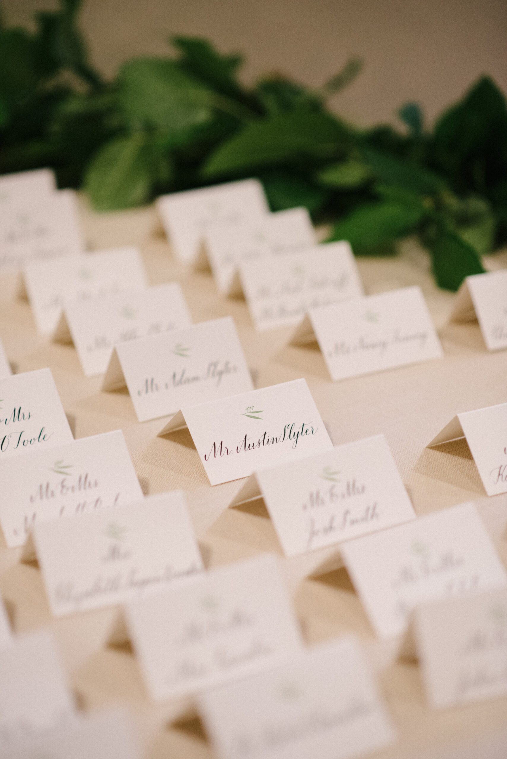 Folded wedding escort cards arranged among greenery