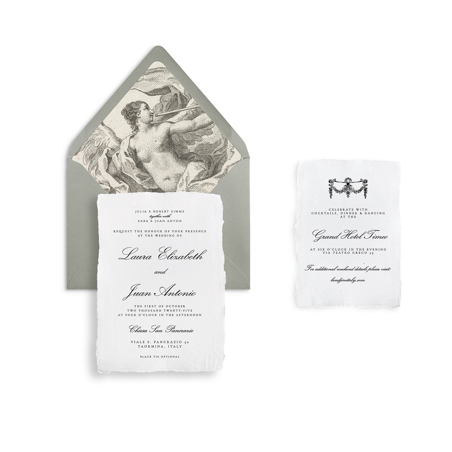 Modern invitation cards with a gray envelope and botanical liner