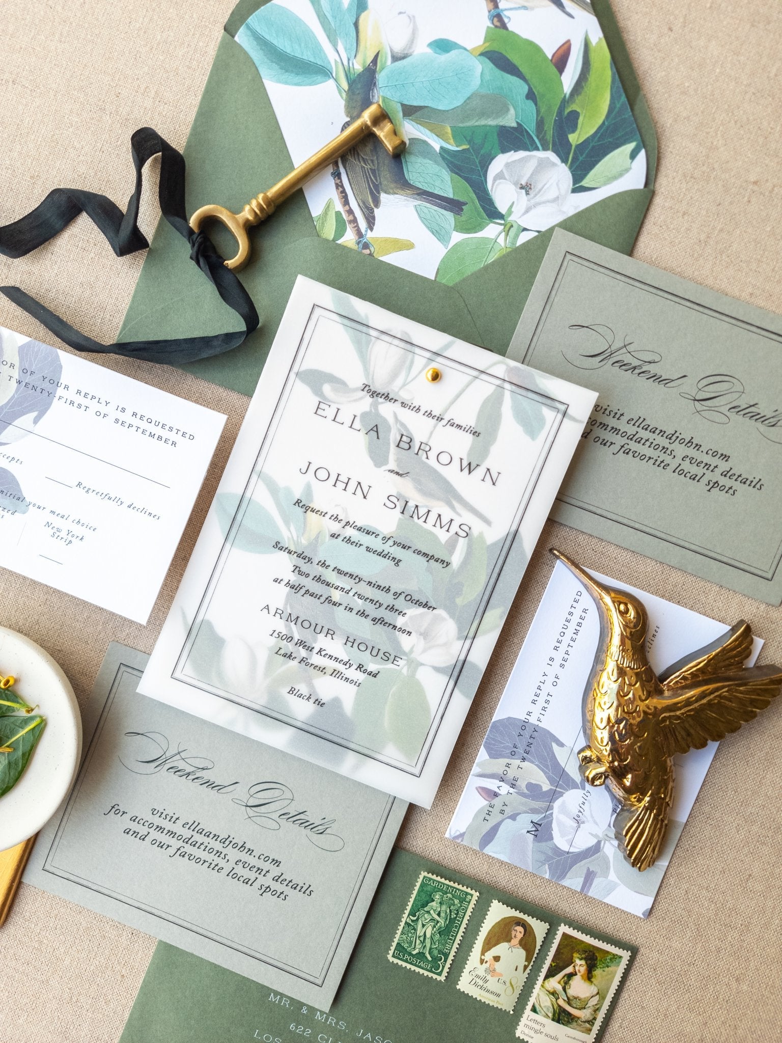 Ready-to-Wed invitation suite with a botanical envelope liner