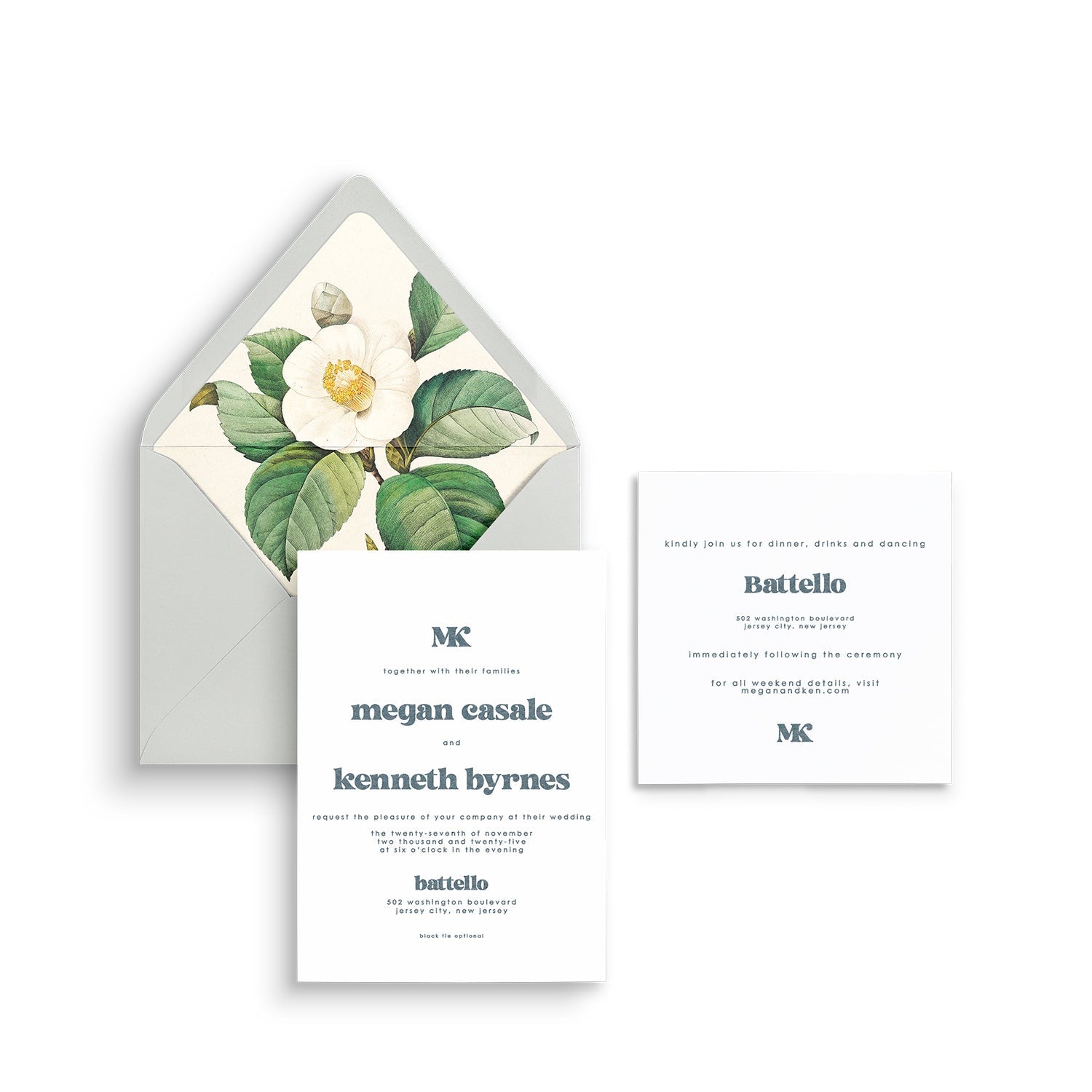 Simple Modern invitation cards with a botanical envelope liner