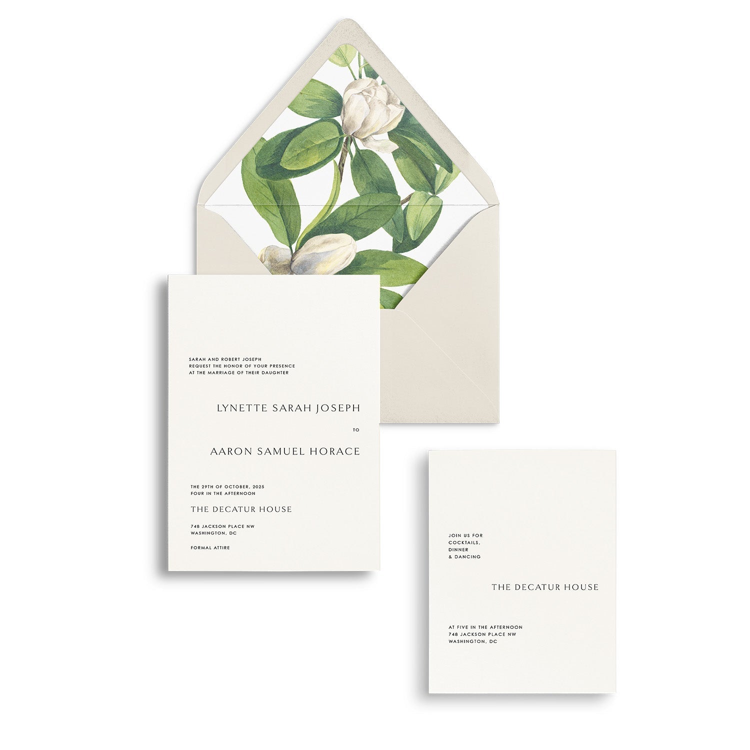 Simple Modern white invitation cards with a green botanical liner