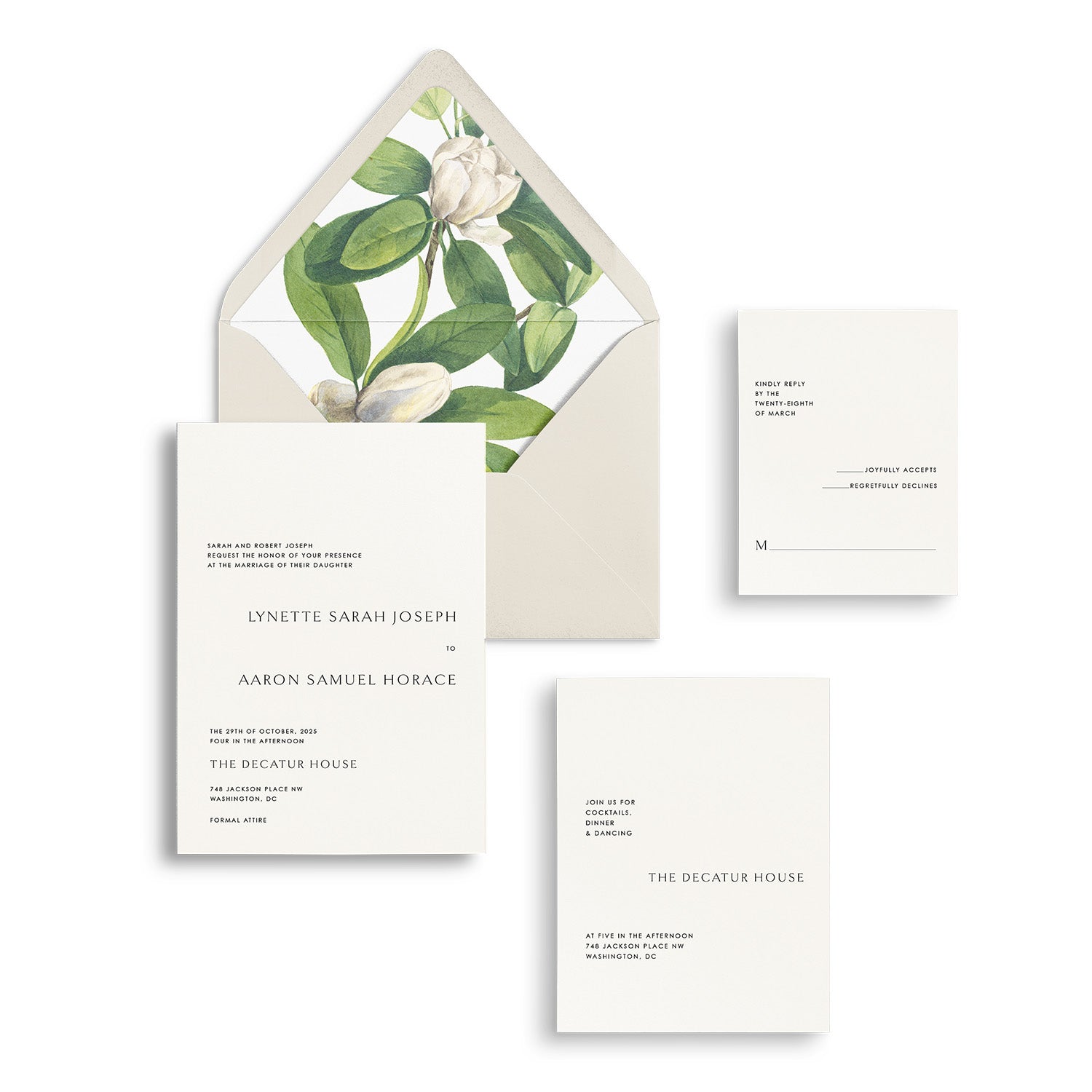 Simple Modern invitation suite with white cards and a green botanical liner
