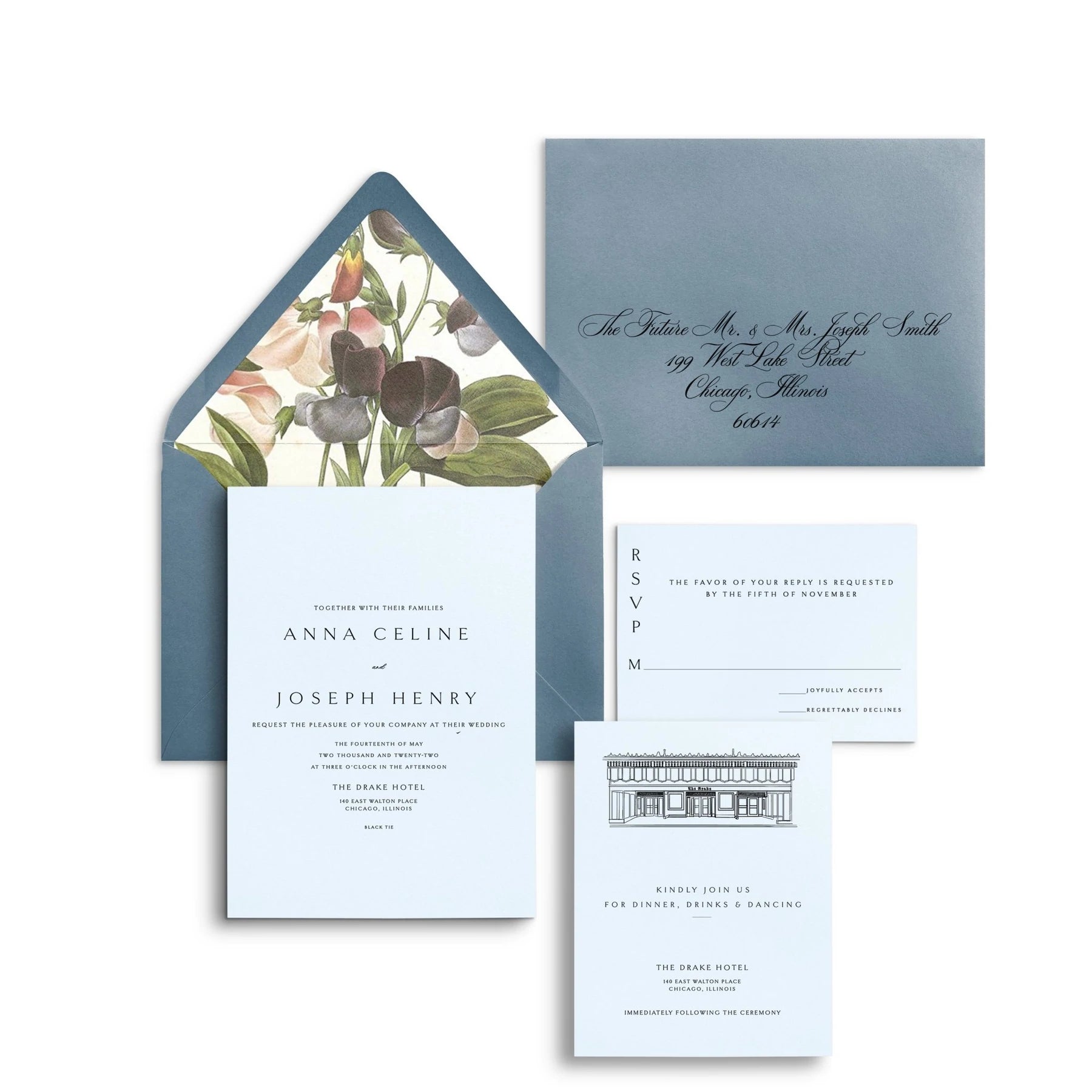 Venue illustration invitation with a blue envelope and floral liner