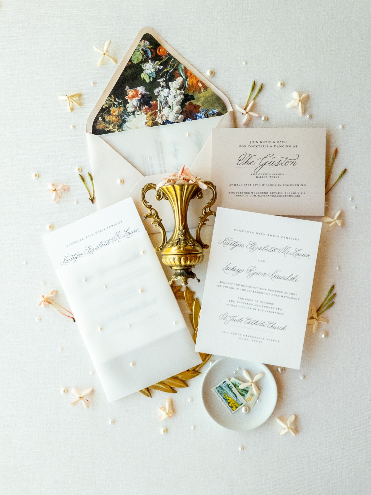 White wedding invitation suite with spot calligraphy and a patterned liner